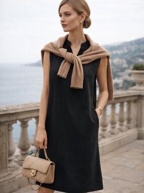 Uniqlo 100% silk knee length dress black S sleeveless summer corporate girlie